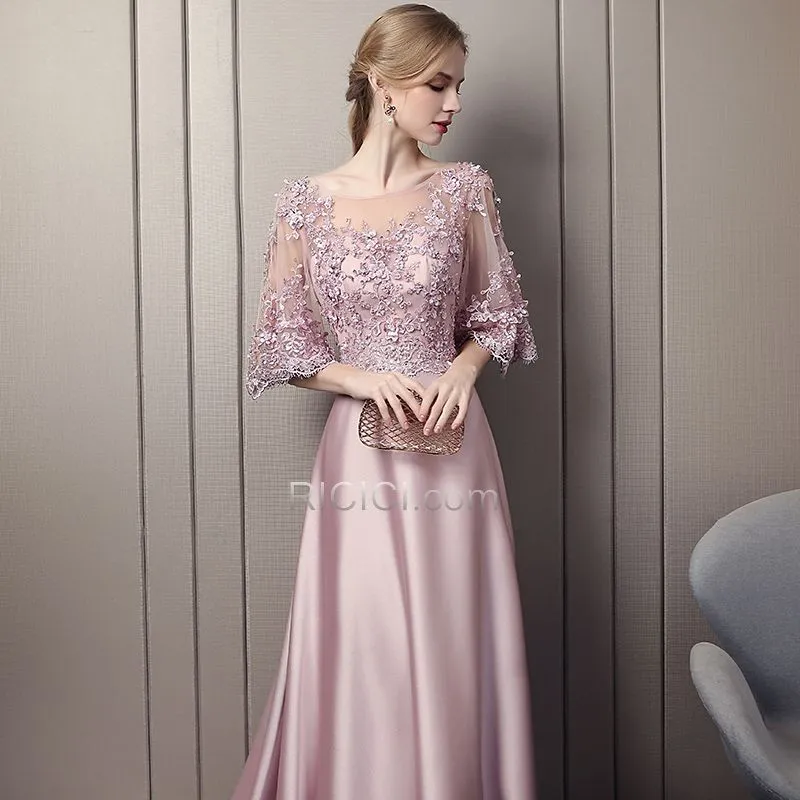 2018 Longue Robe De Soirée Princesse Col Bateau Appliques Dos Nu Robe De Bal Dentelle Satin Demi Manche Manche Cloche Élégant
