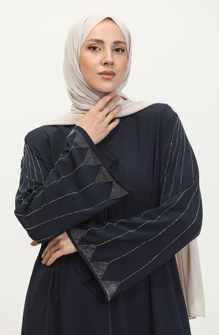 Abaya Imprimé Pierre Grande Taille 5070-02 Bleu Marine 5070-02