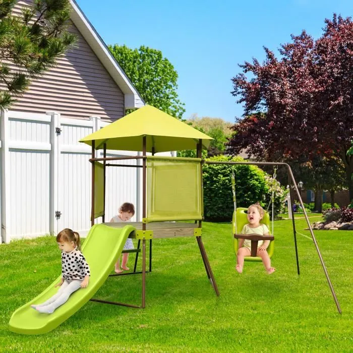 Balançoire 4-en-1 COSTWAY - Cabane, Toboggan, Echelle d’Escalade - Vert