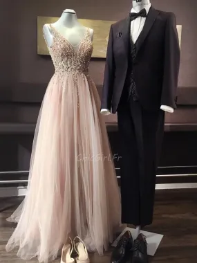Belles Robe De Soirée Bal Rose Poudrée Longue Tulle Perle Col V Dos Nu