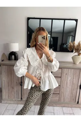 Blouse blanche nouée col Claudine manches longues