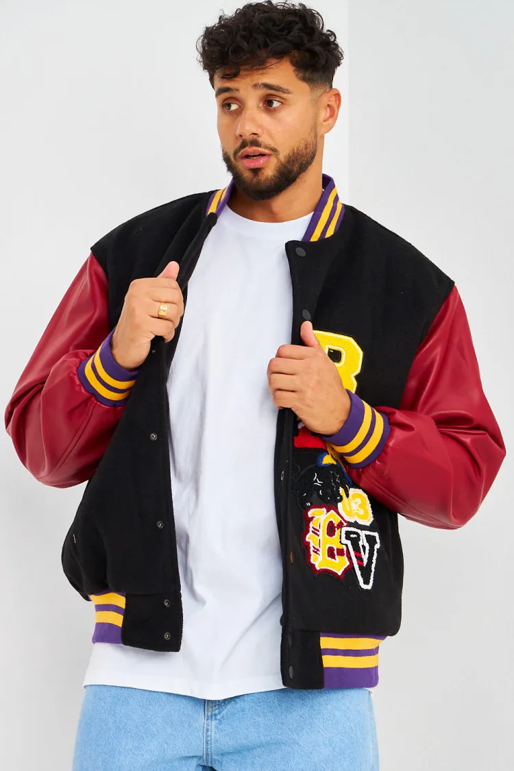 Bomber épais noir à manches simili cuir bordeaux