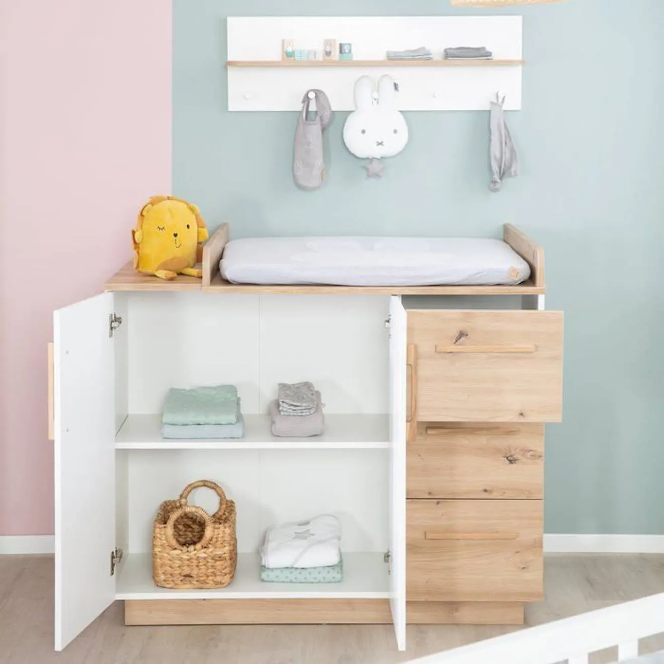 Chambre Bébé Duo Lion - ROBA - Lit Évolutif 70x140 cm - Blanc - Décor Bois blanc - Roba
