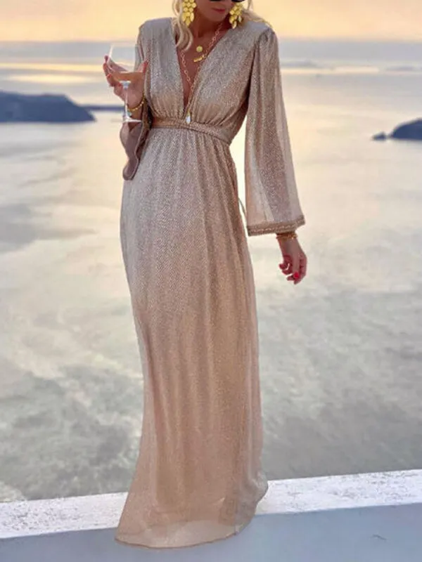 Champagne Longue Robe de Soirée Élégante à Paillettes Scintillantes