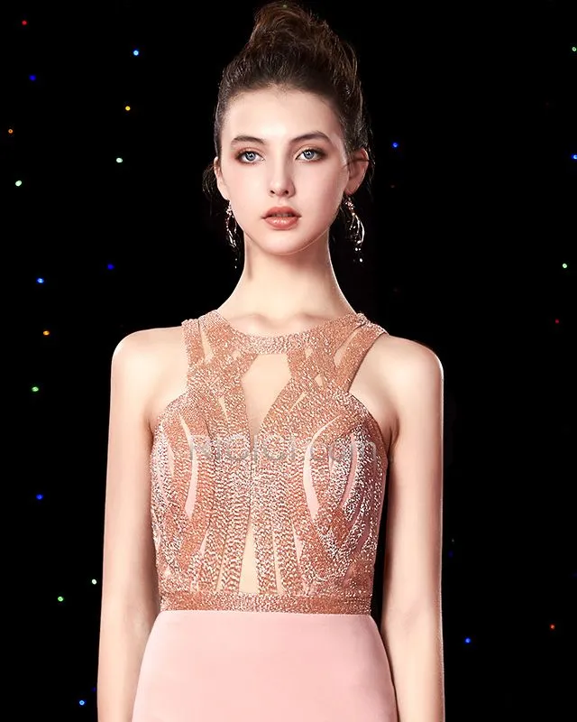 Chic Sirène Charmeuse Sequin Robe De Soirée Ajourée Corail Sans Manches Robe Bal De Promo