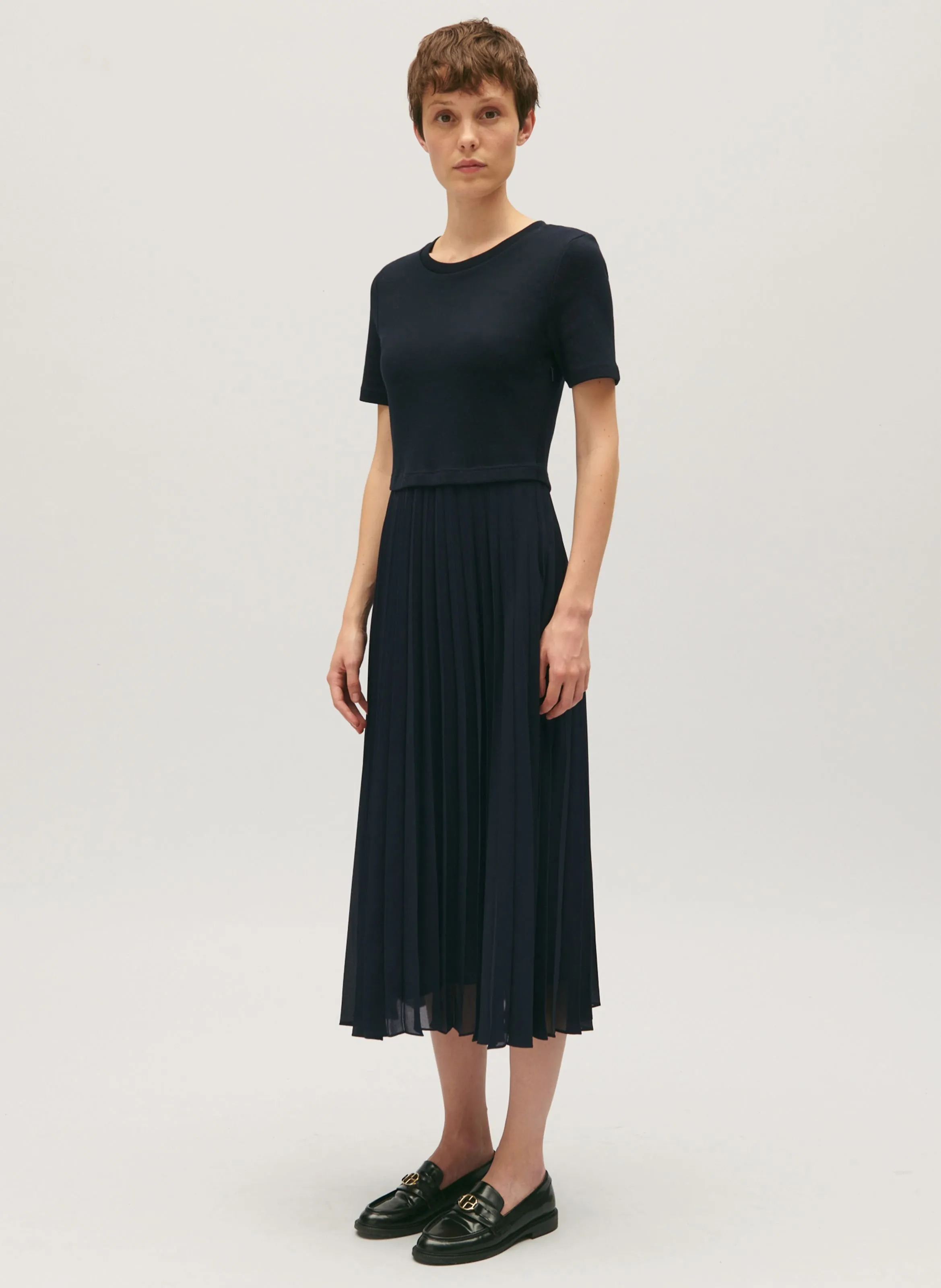 CLAUDIE PIERLOT  Robe longue col rond plissée - Bleu
