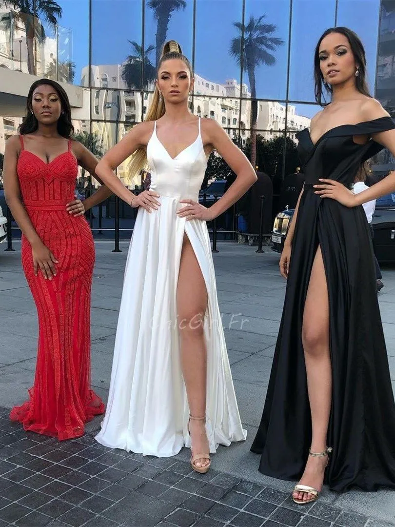 Elegance Robe De Soirée Sexy Longue Blanche Soie Avec Fente Fine Bretelle
