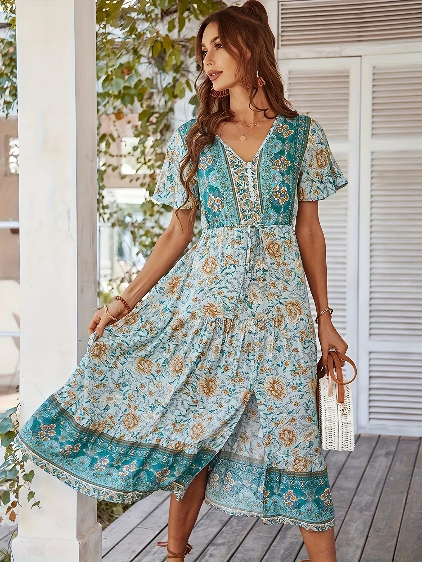 Jolene | Femme Robe à col en V | Turquoise