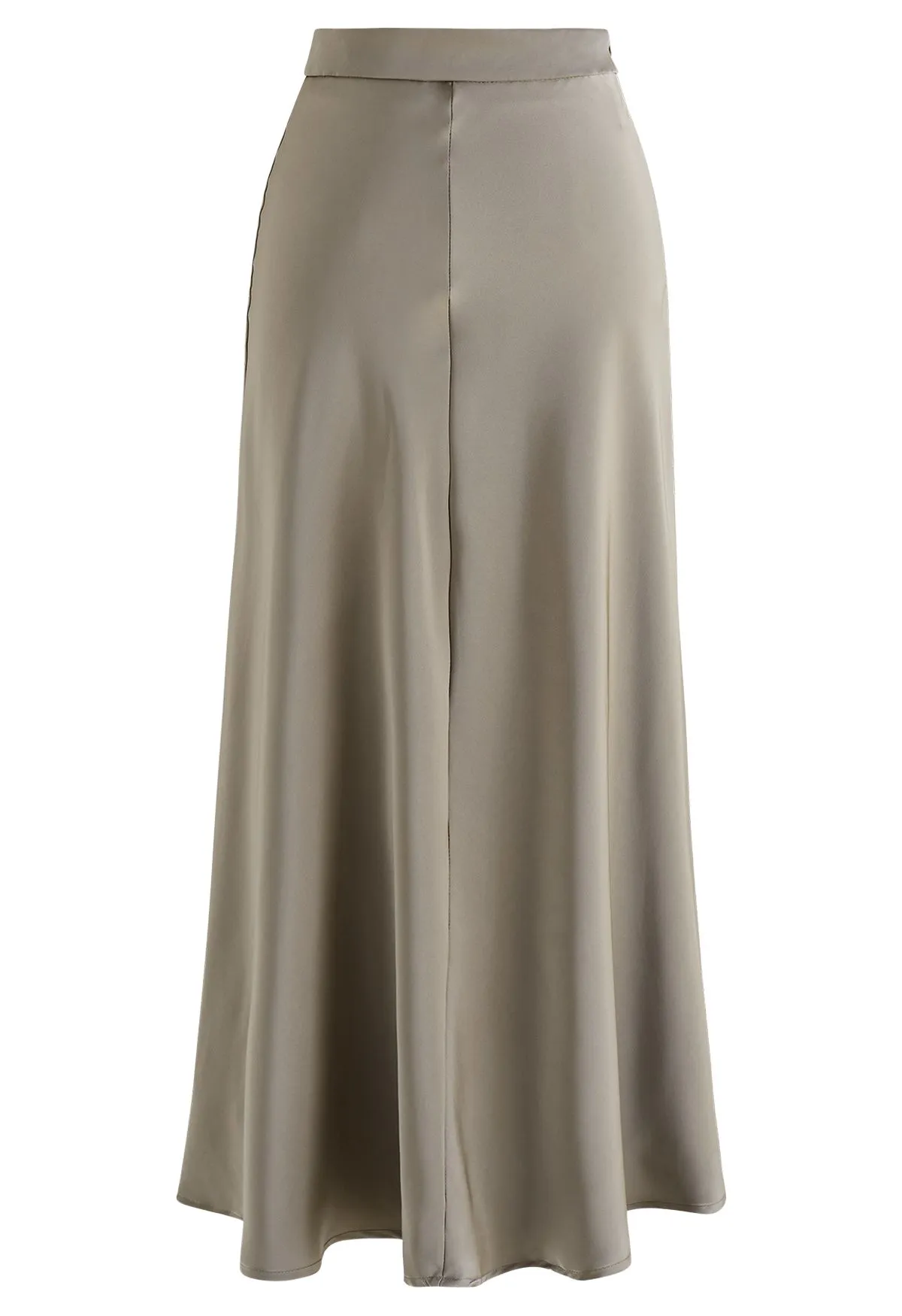 Jupe longue drapée en satin lisse à coutures médianes en taupe