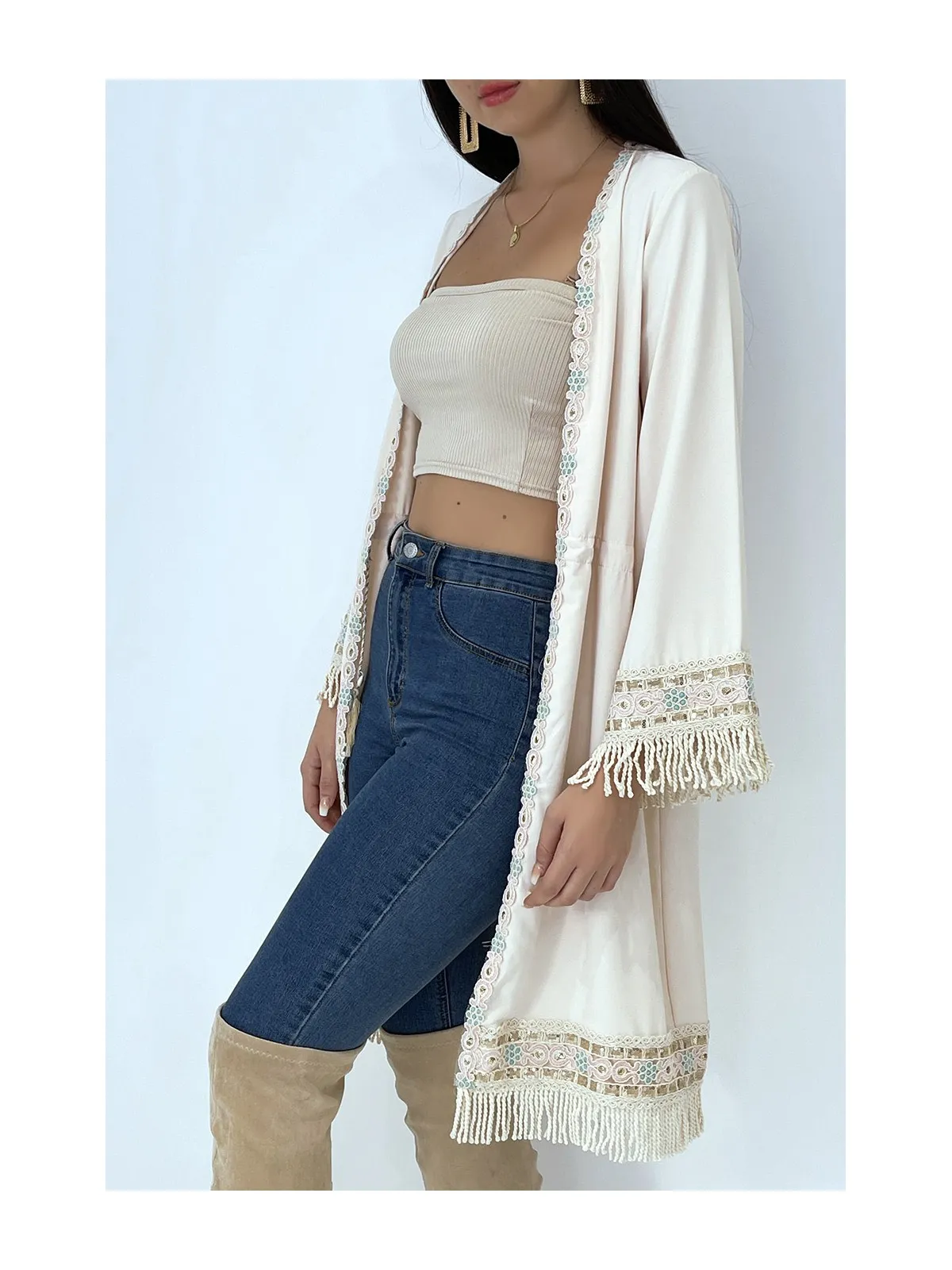 Kimono beige avec broderie style bohème chic