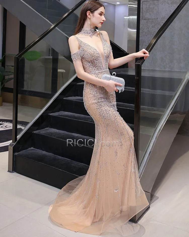 Licou Champagne Scintillante Longue Sirène Robe De Fiancaille Décolleté Sequin Élégant Robe Gala De Soirée