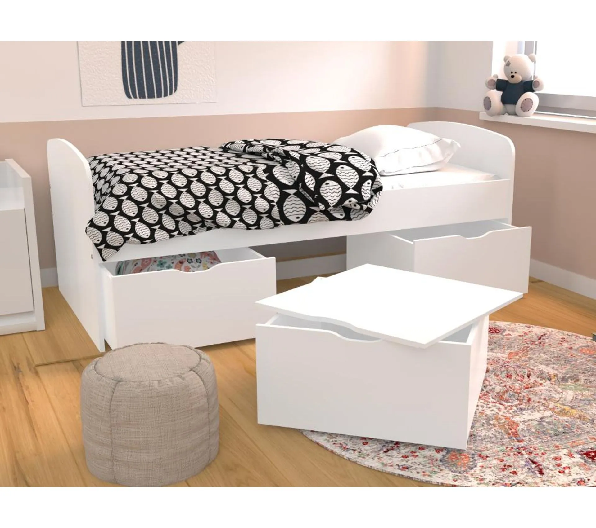 Lit Louane Avec 2 Tiroirs Et 1 Coffre De Rangement - 90 X 190 Cm -  Blanc