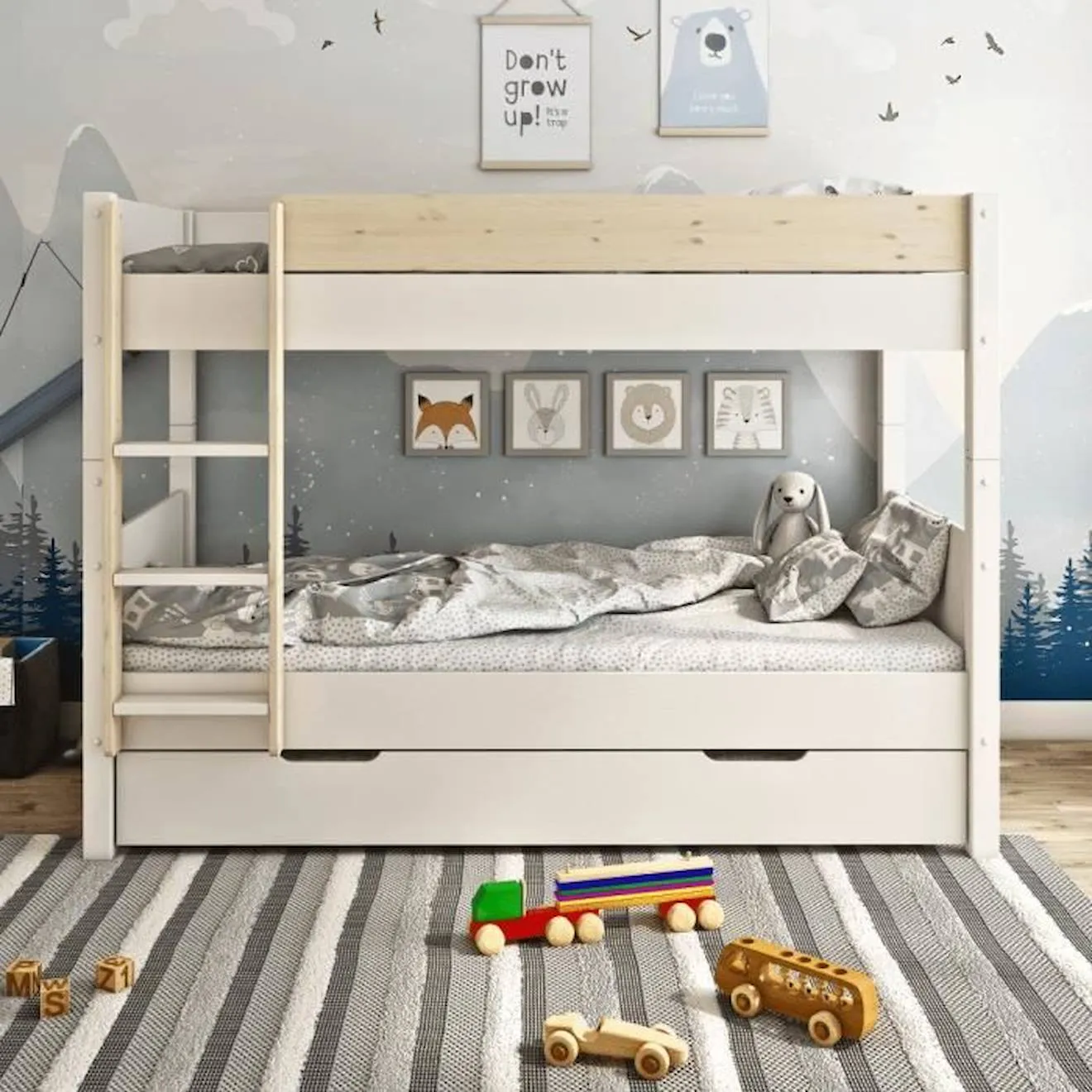 Lit superposé en pin blanc et bois 90x200 H153 Achille blanc - Alfred & Compagnie