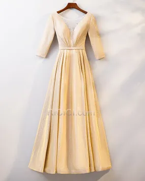 Longue Robe De Ceremonie Princesse Décolleté Robes De Soirée Glitter Jaune Demi Manche Robes De Bal