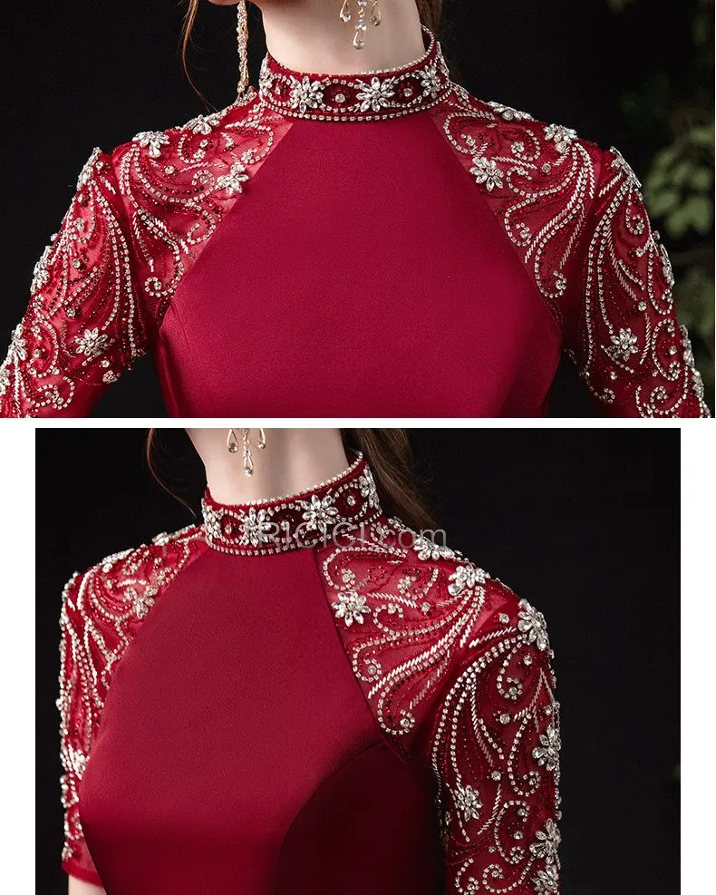 Longue Sirène Col Haut Manche Courte Bordeaux Robe De Soirée Élégant Satin