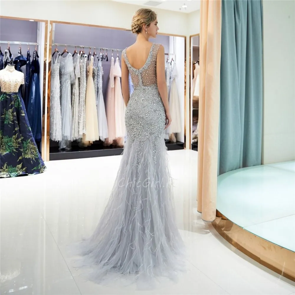 Luxe Robe De Soirée Sirène Paillette Brillante Argentée Avec Plumes