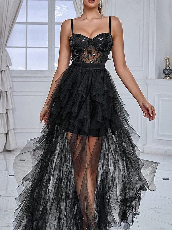Noir Robe Maxi en Maille Épissage avec Paillettes Papillon de Soirée