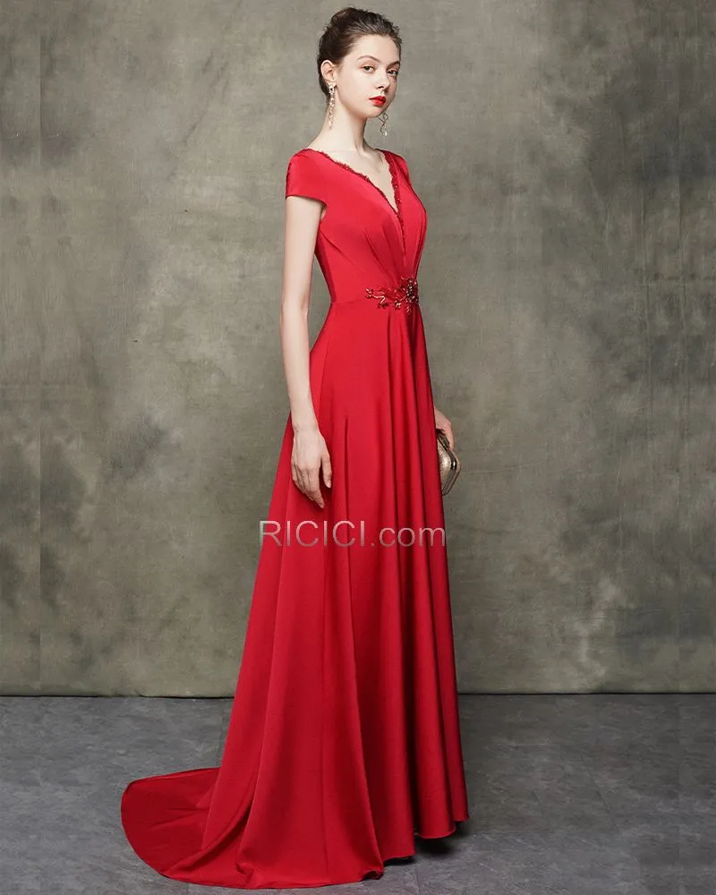 Princesse Dos Nu Robe De Soirée Rouge Perlage Robe Gala Décolleté Sans Manches