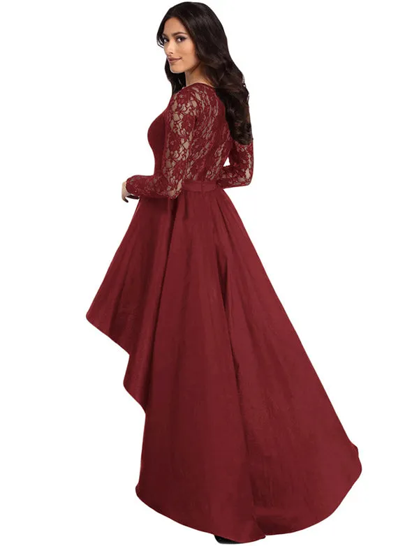 Robe de Soirée Asymétrique en Dentelle et Satin à Manches Longues