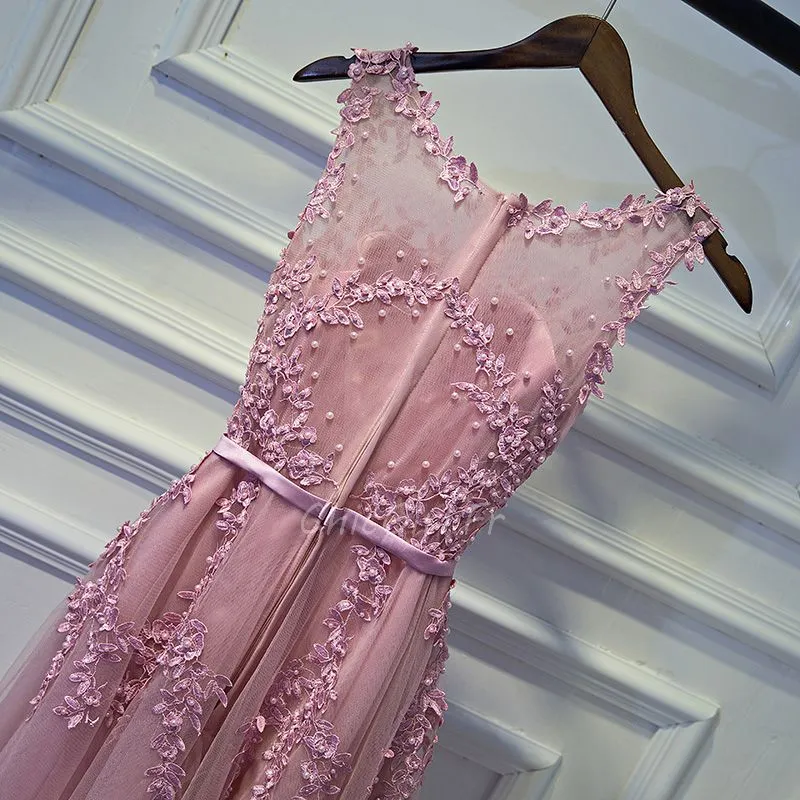 Robe De Soirée Bal Chic Mi Longue Vieux Rose Tulle Dentelle Perle Col Bateau