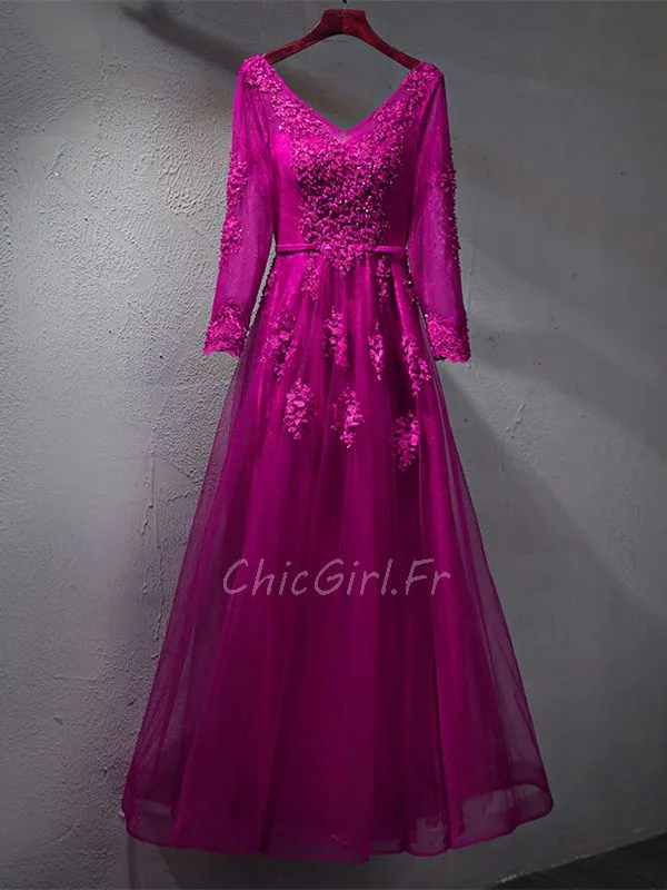 Robe De Soirée Bal Elegant Manche Longue Rose Fushia Tulle Dentelle Perle Col V