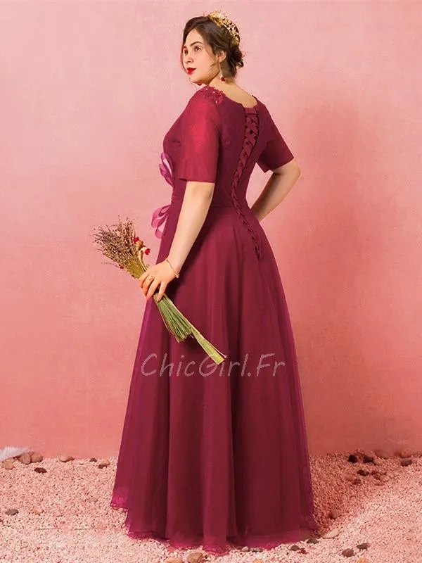 Robe De Soirée Bal Grande Taille Longue Bordeaux Tulle Manche Col V