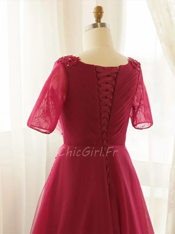Robe De Soirée Bal Grande Taille Longue Bordeaux Tulle Manche Col V