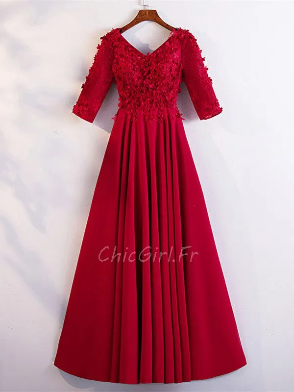 Robe De Soirée Bal Manche 3 4 Longue Rouge Satin Dentelle Fleurie Col V