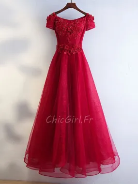 Robe De Soirée Bal Princesse Longue Rouge Dentelle Fleurie Epaule Dénudée