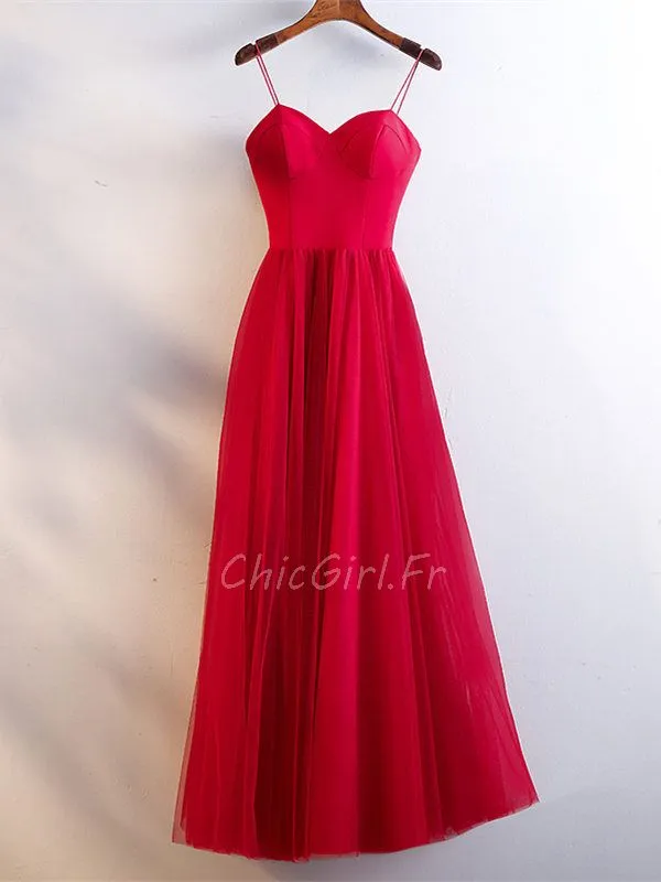 Robe De Soirée Bal Simple Longue Rouge Tulle Avec Bretelle