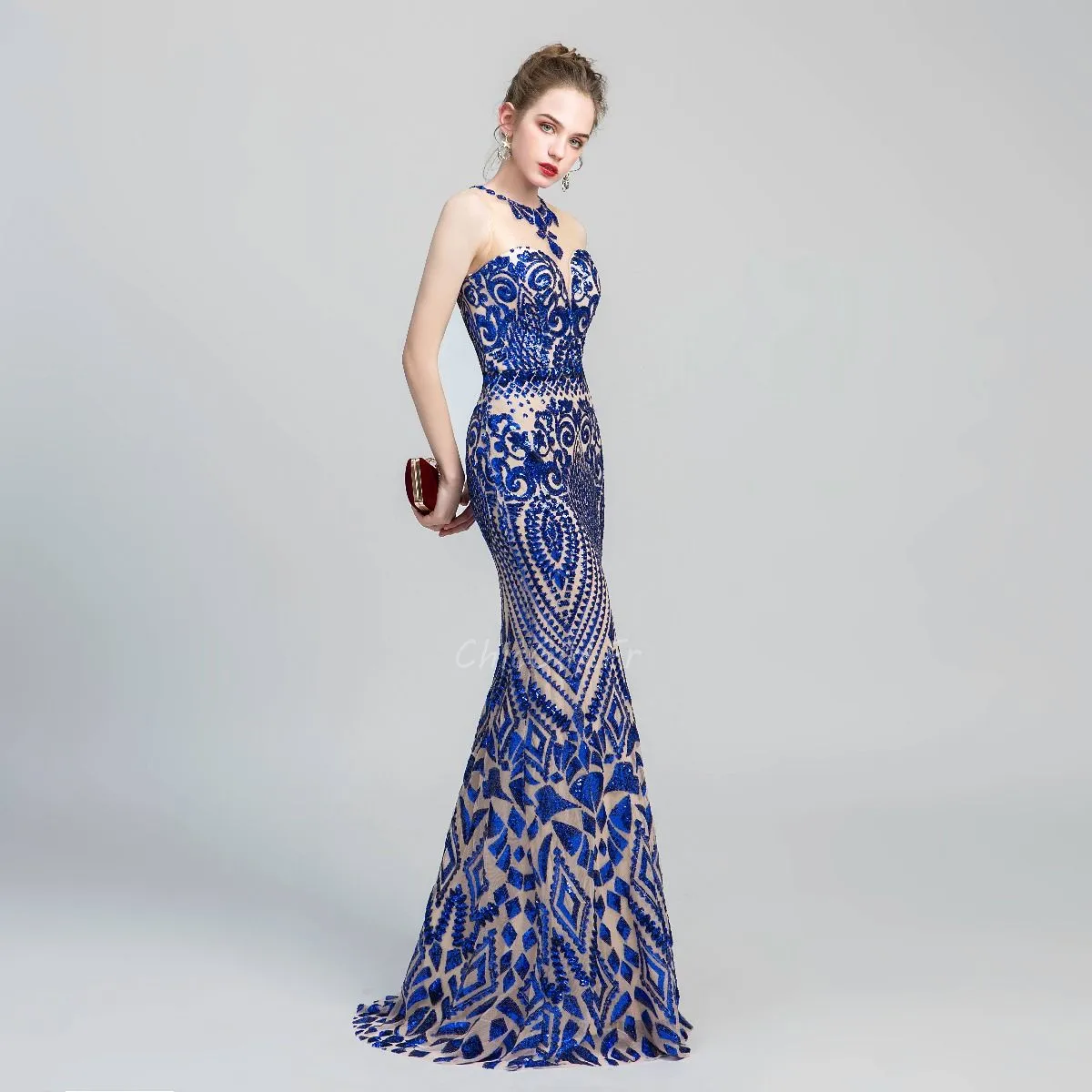 Robe De Soirée Bal Sirène Longue Bleu Roi Paillette Brillante