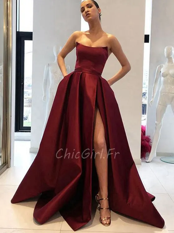 Robe De Soirée Bandeau Bustier Longue Bordeaux Satin Avec Fente