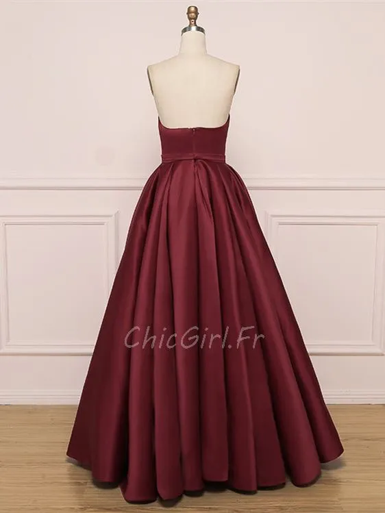 Robe De Soirée Bandeau Bustier Longue Bordeaux Satin Avec Fente
