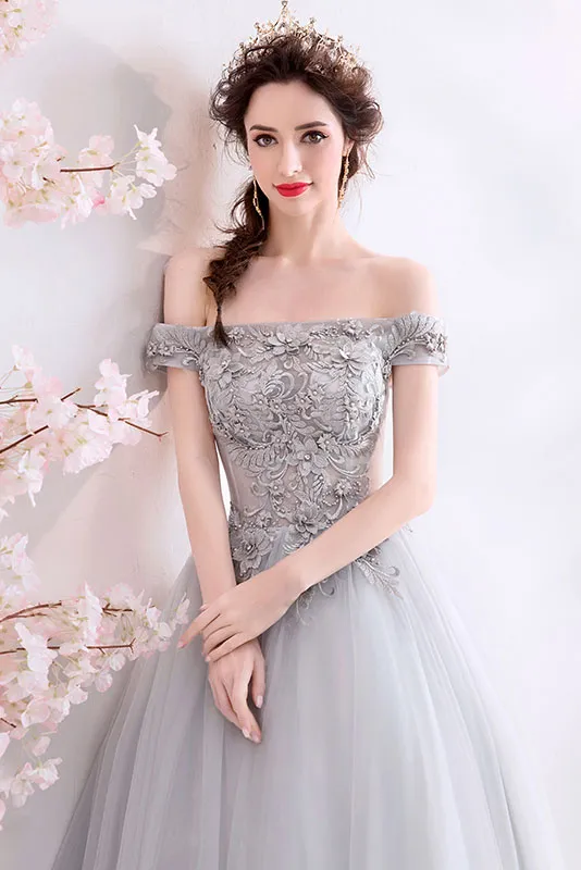 Robe de soirée bardot argenté bustier appliqué de guipure vintage