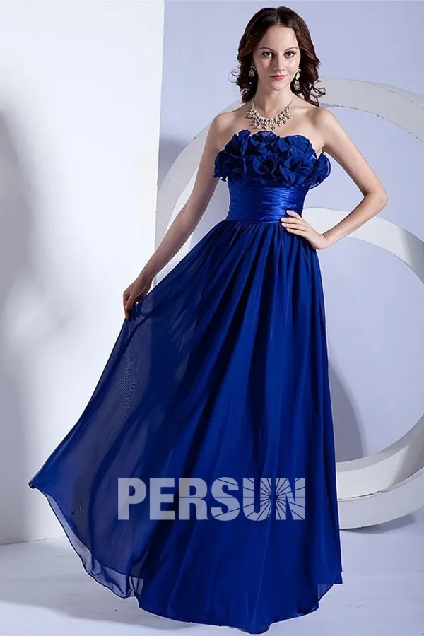 Robe de soirée bleu foncé ligne-A fleurs à la main