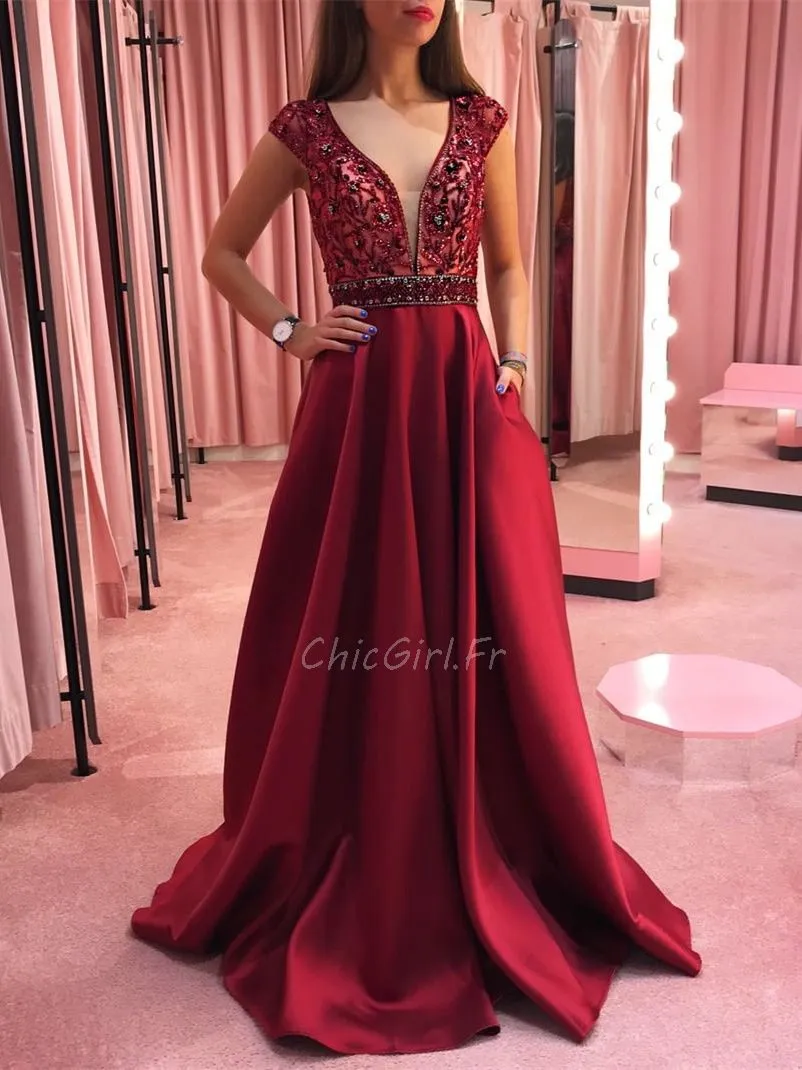 Robe De Soirée Ceremonie Longue Rouge Satin Décolleté Col V Avec Poche