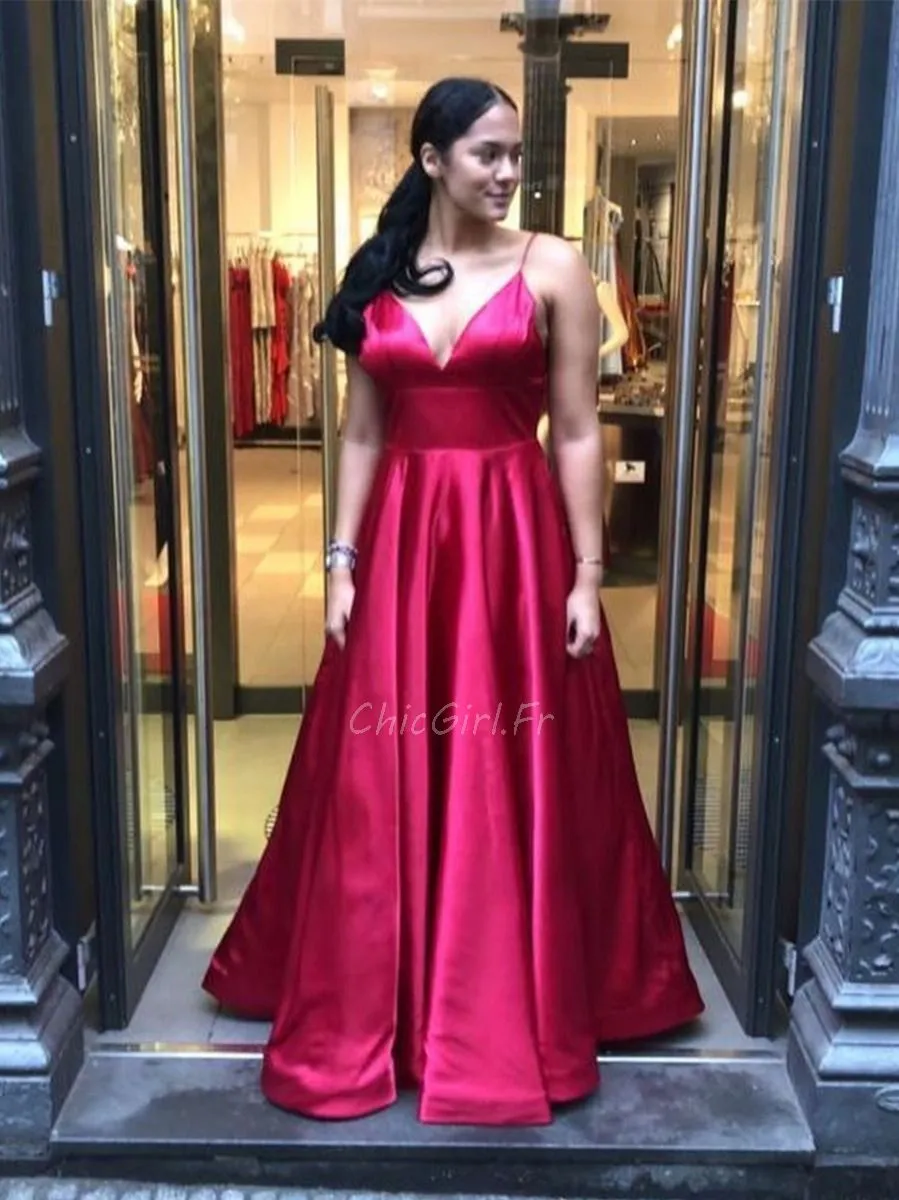 Robe De Soirée Ceremonie Princesse Simple Longue Rouge Satin Avec Bretelle