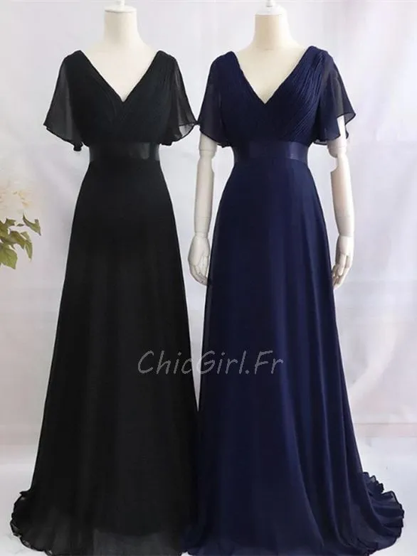 Robe De Soirée Chic Longue Bleu Nuit Mousseline Manche Papillon