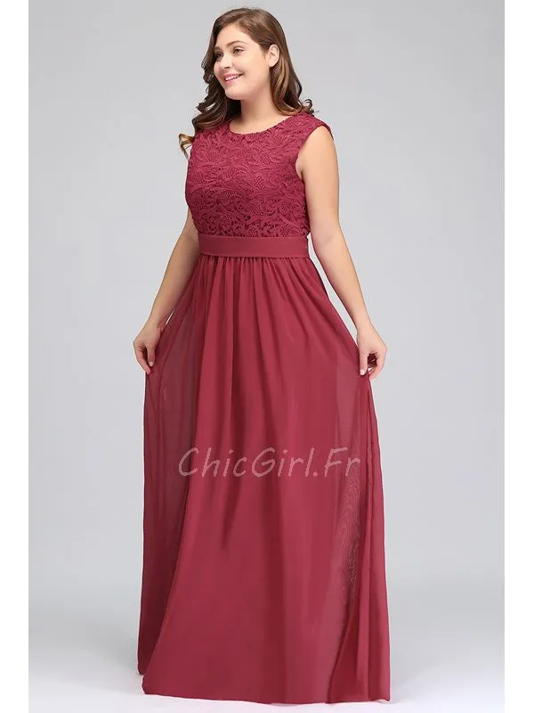 Robe De Soirée Demoiselle D Honneur Grande Taille Longue Bordeaux Mousseline Col Rond