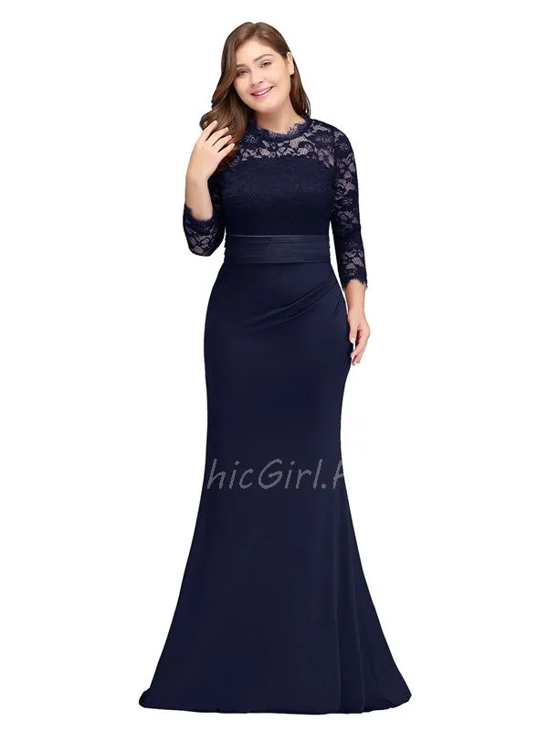 Robe De Soirée Elegante Grande Taille Sirène Manche Longue Col Montant Dentelle Bleu Marine