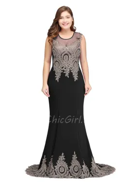 Robe De Soirée Femme Ronde Classique Sirène Noire Satin Dentelle Col Rond
