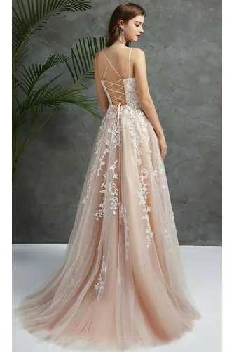 Robe de Soirée Froid Perle Bretelles Spaghetti A-ligne Lacet Elégant