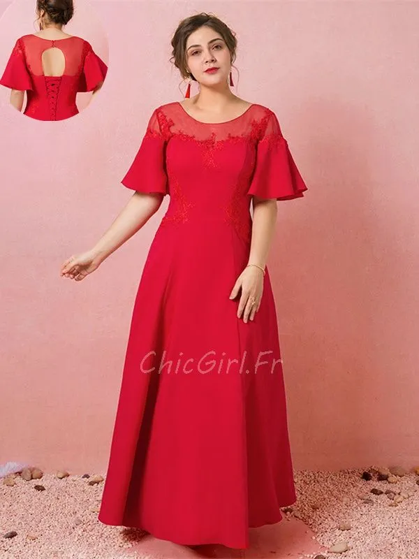 Robe De Soirée Grande Taille Longue Rouge Satin Volant Manche Dos Ouvert