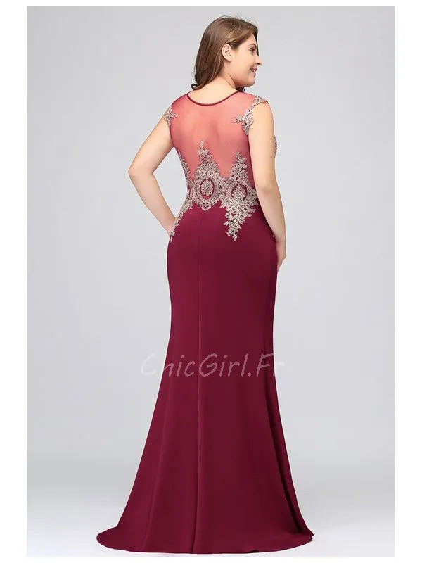 Robe De Soirée Grande Taille Sirène Bordeaux Satin Dentelle Col Rond