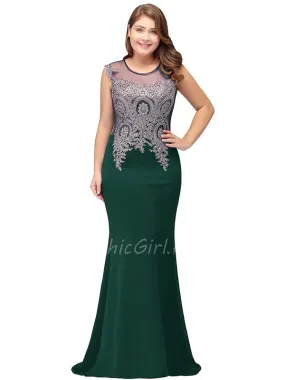 Robe De Soirée Grande Taille Sirène Vert Sapin Satin Dentelle Col Rond