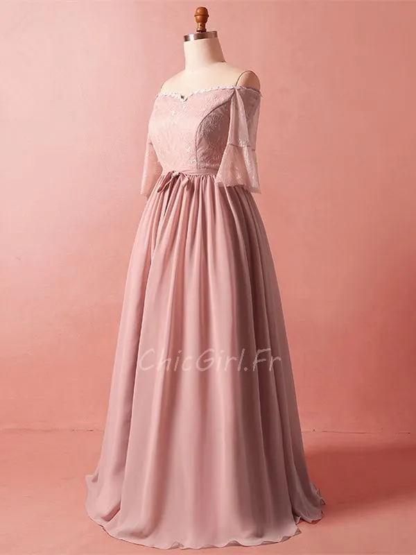 Robe De Soirée Grande Taille Vieux Rose Mousseline Manche Longue Epaule Dénudée