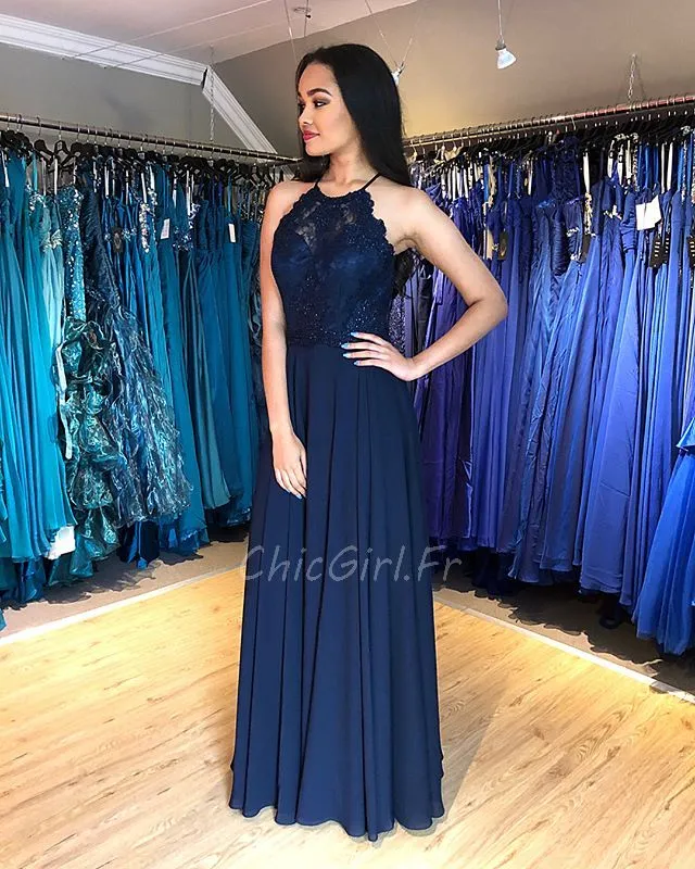 Robe De Soirée Licou Longue Bleu Marine Mousseline Dentelle Dos Ouvert