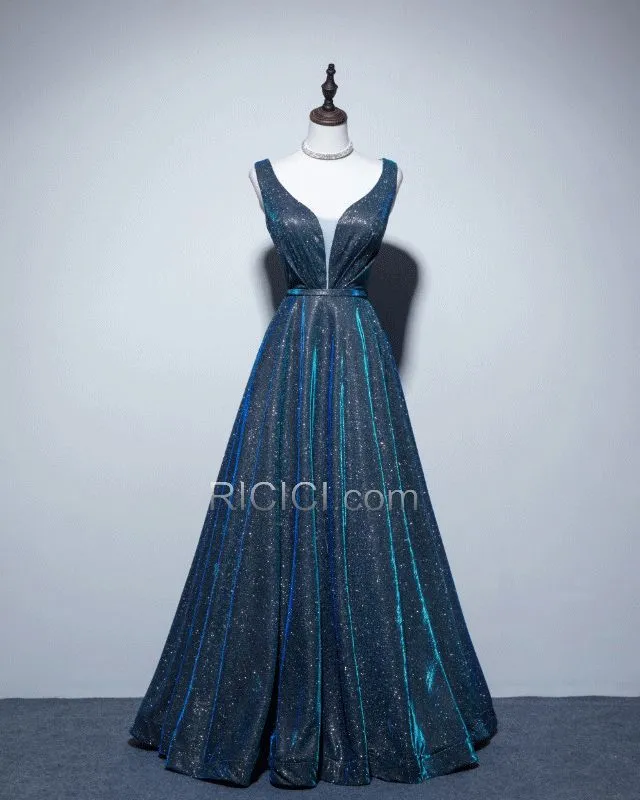 Robe De Soirée Longue Décolleté Brillante Sans Manches Bleu Nuit Glitter