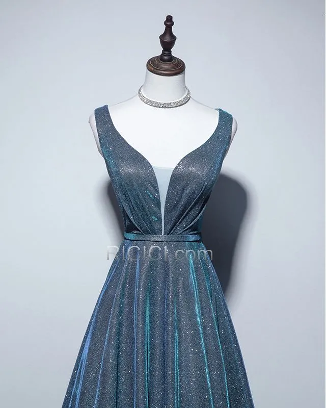 Robe De Soirée Longue Décolleté Brillante Sans Manches Bleu Nuit Glitter