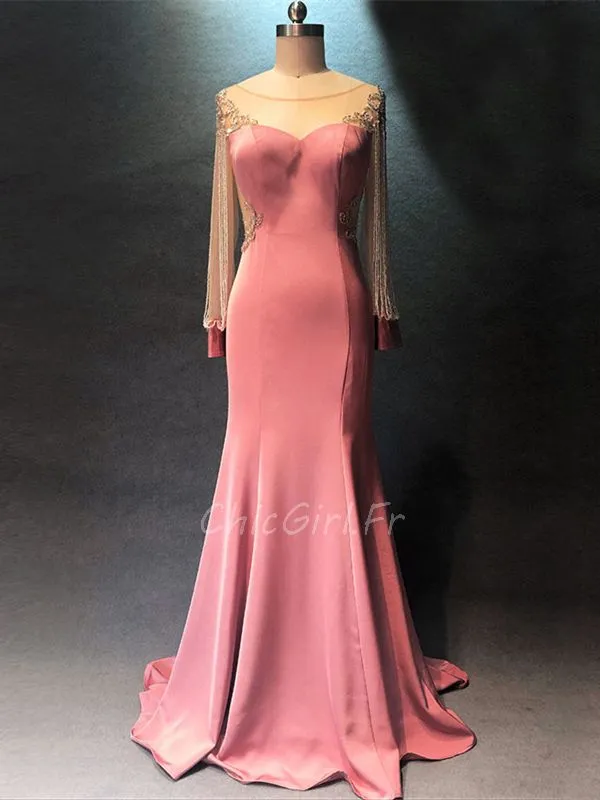 Robe De Soirée Manche Longue Frange Corail Transparente Dos Avec Traine